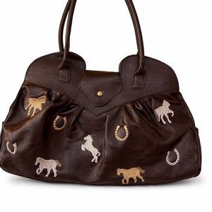 Vintage Braciano Brown Leather Shoulder Bag with Embroidered Horses